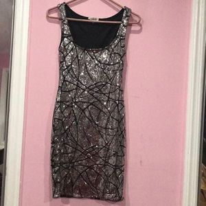 Black and Silver Sequins Body Con Dress - Small